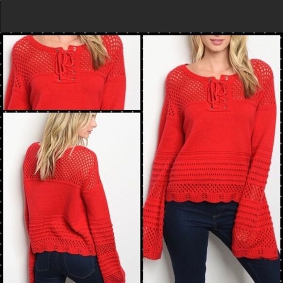 Kate C. Red  Crochet Long Sleeve Cropped  Sweater Size Small/Medium - Picture 3 of 10